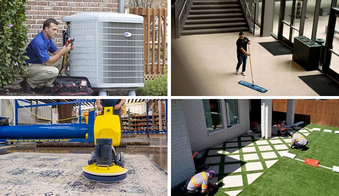 Collage of professional HVAC repair, commercial cleaning, rug washing, and synthetic grass installation.